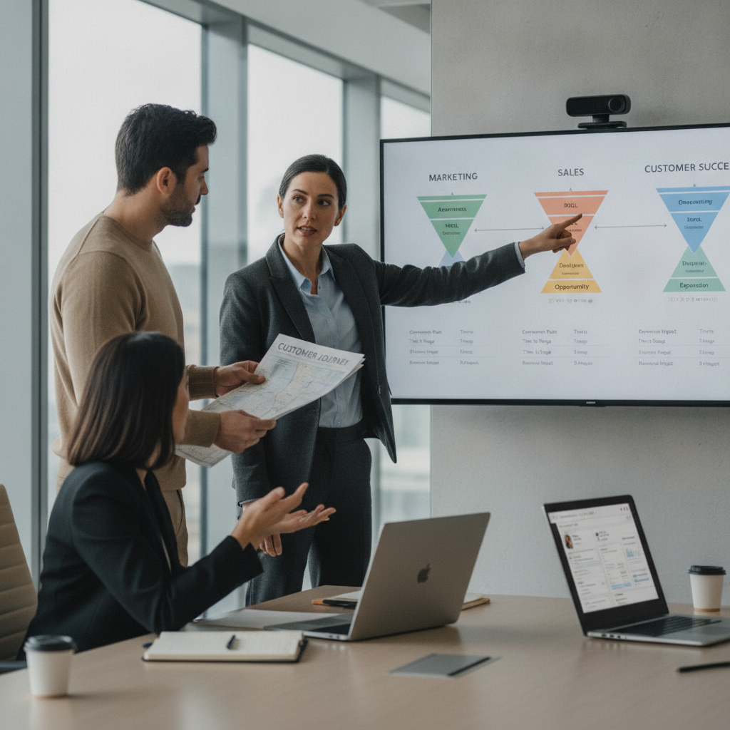 Gestora de RevOps aponta para dashboard unificado com funis de Marketing, Vendas e Customer Success em sala de reunião moderna