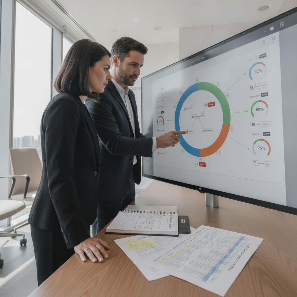 Profissionais analisam catálogo de dados com mapa de domínios e políticas de data governance em sala moderna