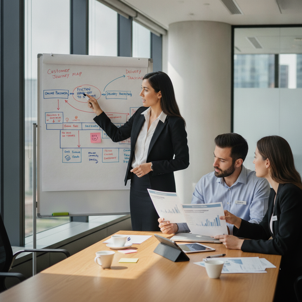 Gestora de CX aponta etapa crítica em mapa de jornada enquanto equipe compara ferramentas de gestão de experiência do cliente