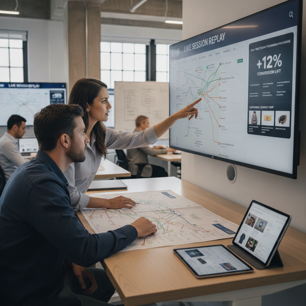 Analista aponta para dashboard de recomendações em tempo real com jornadas do cliente e taxas de conversão em e-commerce