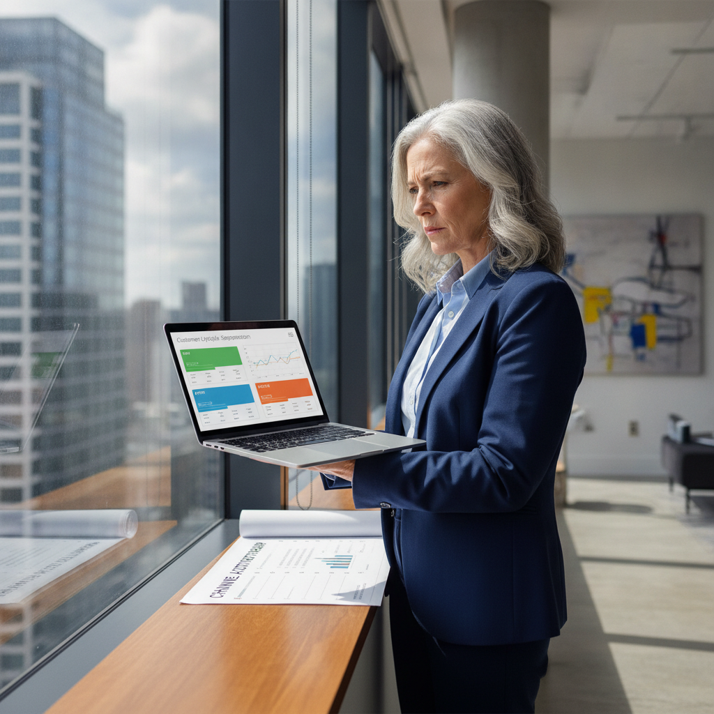 Estrategista analisa dashboard de ciclo de vida do cliente em laptop com segmentos como ativo e em risco — customer data platform em uso