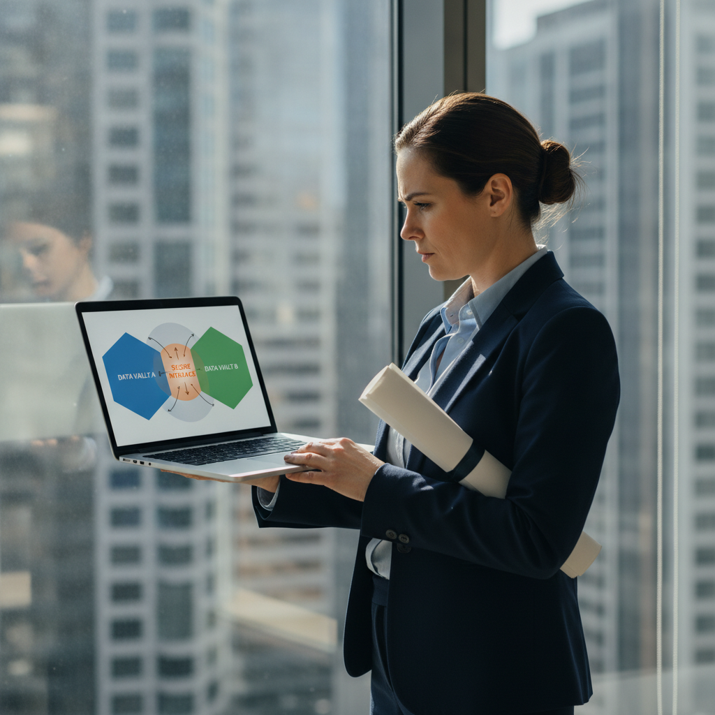 Estrategista analisa diagrama de data clean room no laptop, com duas fontes de dados conectadas por zona segura