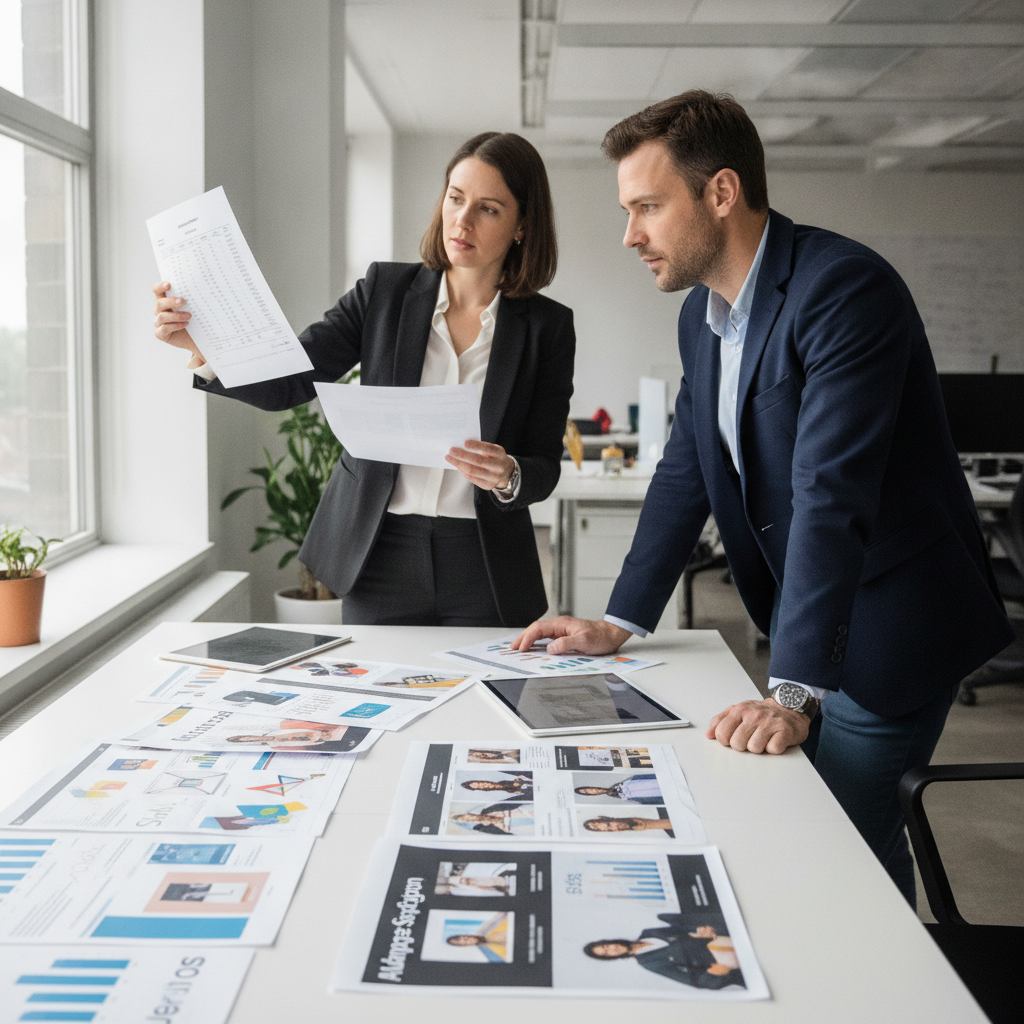 Profissionais de marketing analisam variantes de campanha geradas por IA sobre mesa de reunião em escritório moderno