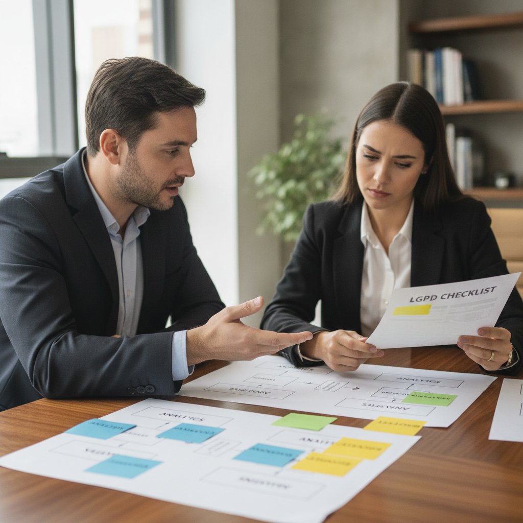 Profissionais analisam diagramas de fluxo de consentimento e categorias de cookies em reunião sobre consent management platform