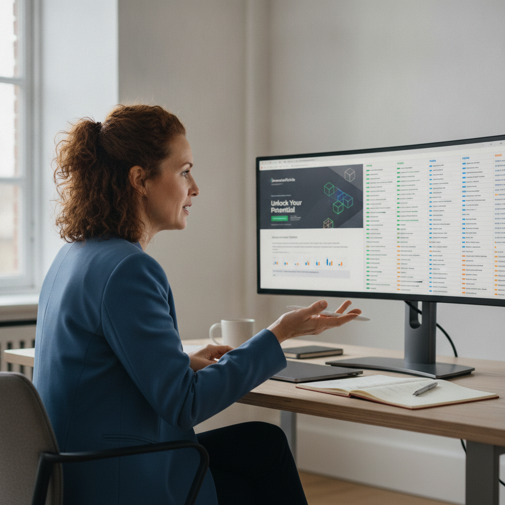 Gestora de CX em videoconferência com monitor exibindo variantes de e-mail geradas por personalização com IA generativa
