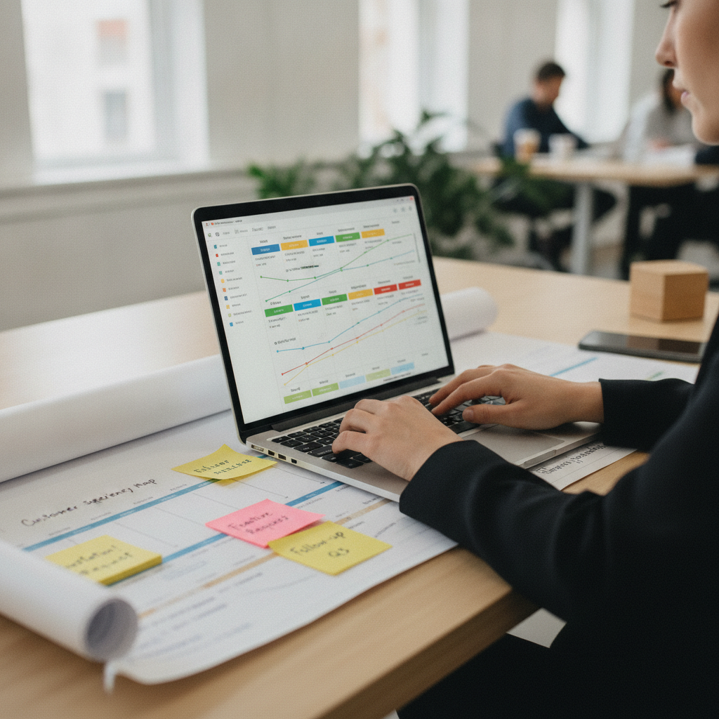 Analista de CX explora dashboard com mapa de jornada, NPS e tendências de churn — analytics de customer experience