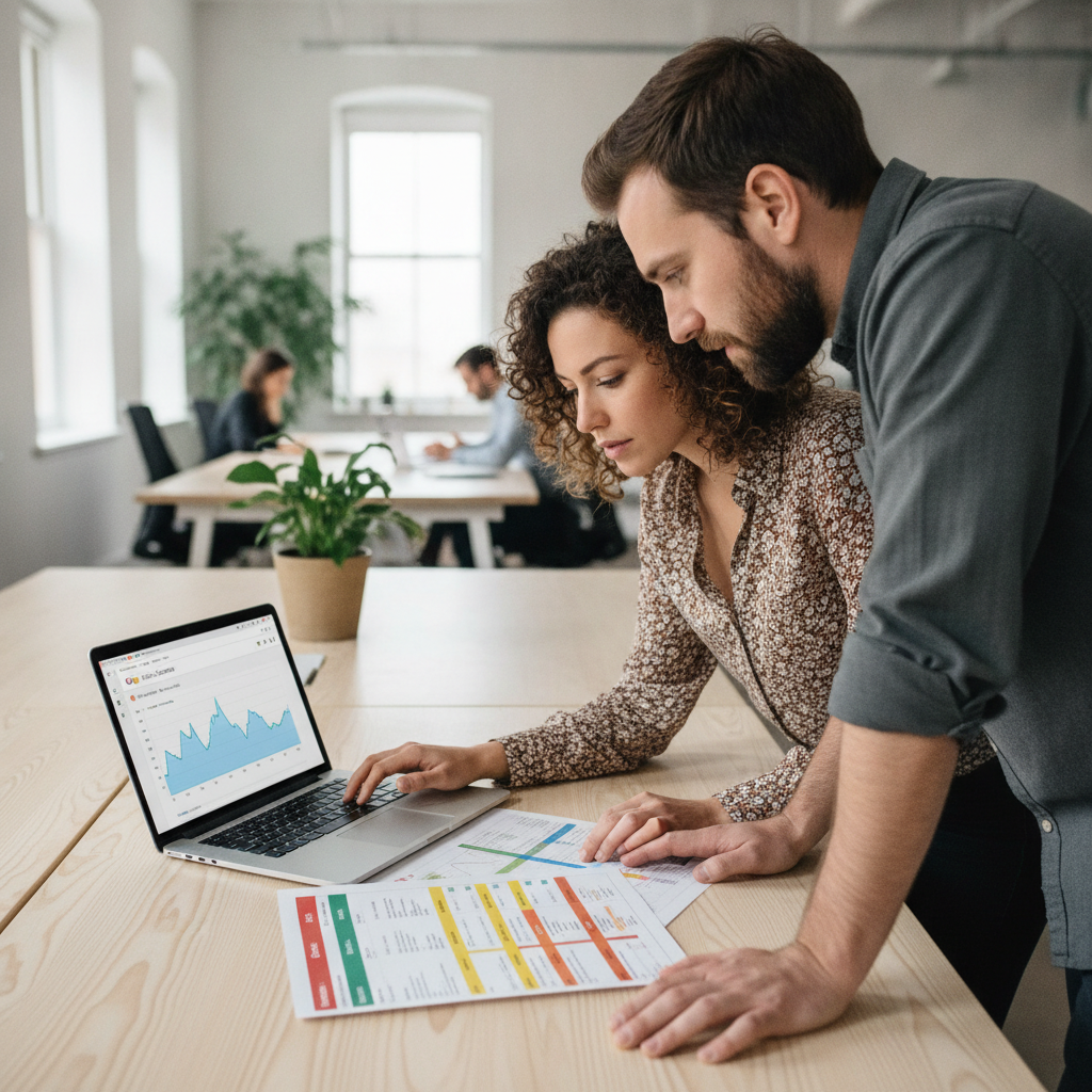 Gerente de marketing B2B e consultor analisam relatório de auditoria de SEO técnico e gráfico do Search Console