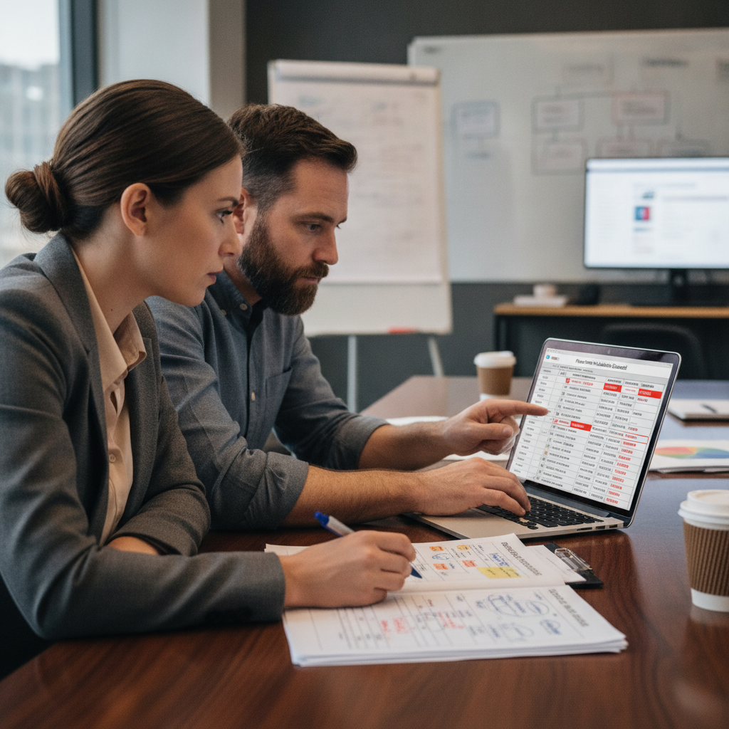 Analista de marketing e data steward revisam dicionário de dados e dashboard de validação — data governance para marketing