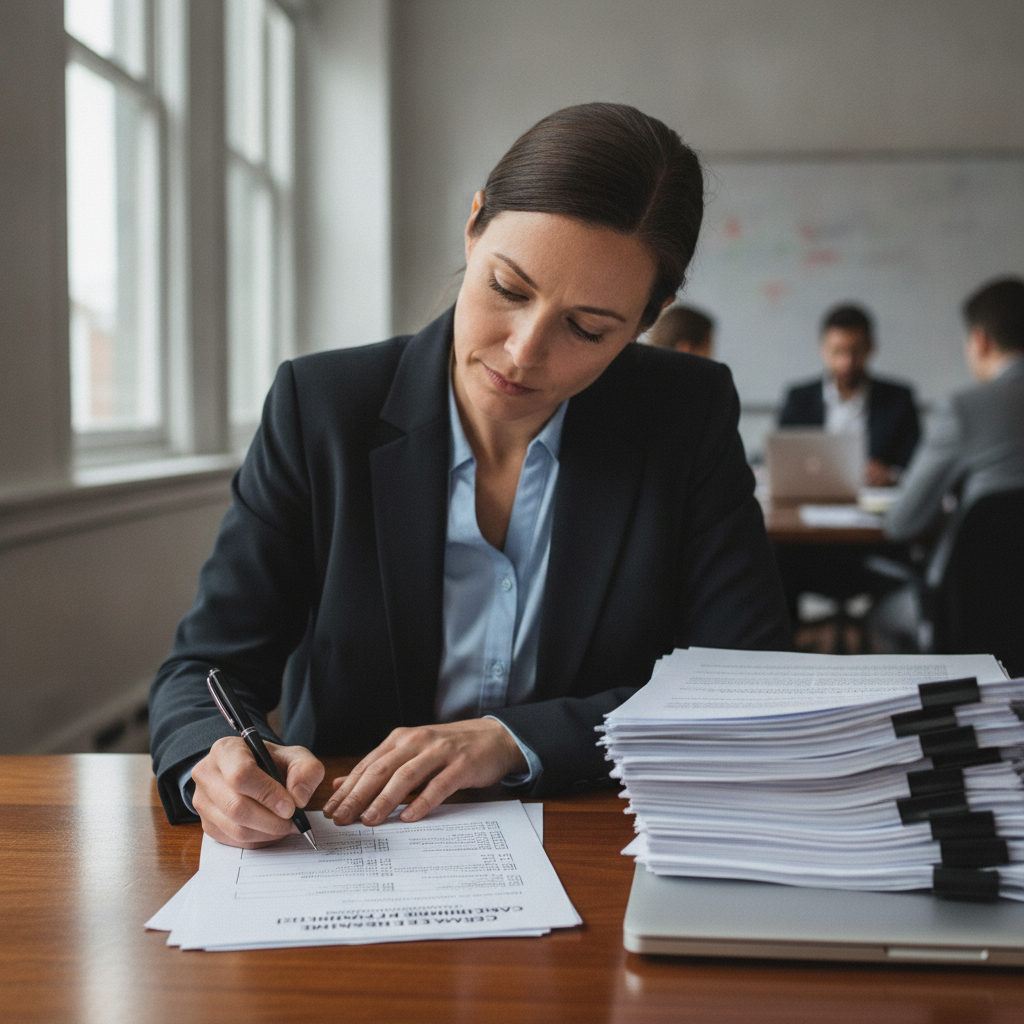 Profissional de privacidade anota checklist de conformidade CDP e LGPD com contratos de dados ao lado