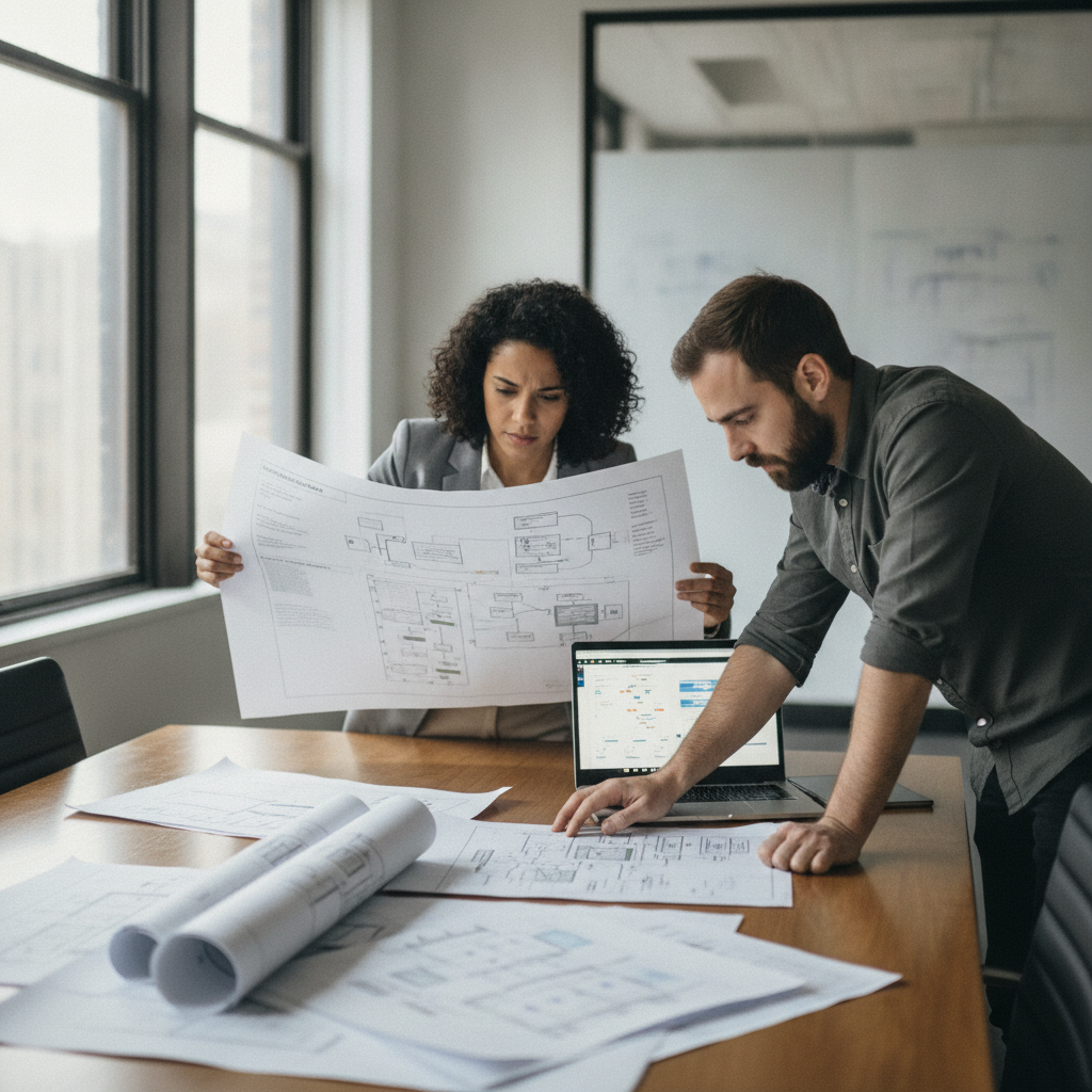 Dois arquitetos analisam esquemas de ETL e mapa de conectores iPaaS sobre mesa, comparando abordagens de integração de dados