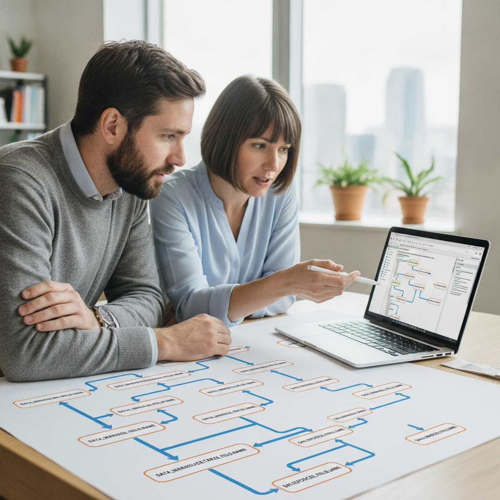 Engenheira de dados e gerente de CRM analisam mapeamento de campos e pipeline de reverse ETL no laptop