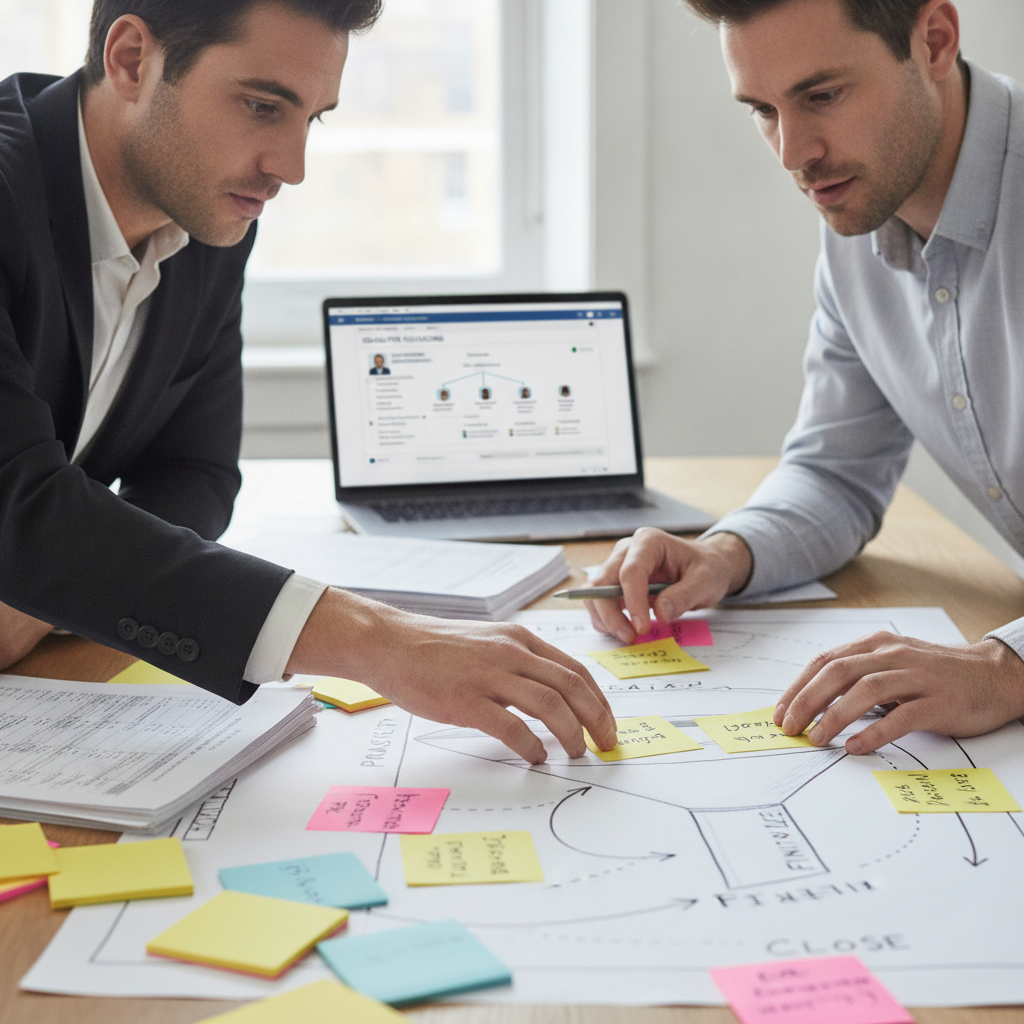 Gestores B2B reorganizando cards de negociação em funil desenhado à mão, com CRM aberto ao fundo