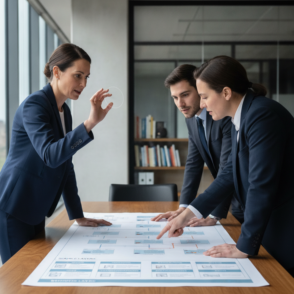 Profissional explica arquitetura de dados de marketing a colegas sobre diagrama com camadas de fontes, pipelines e ferramentas