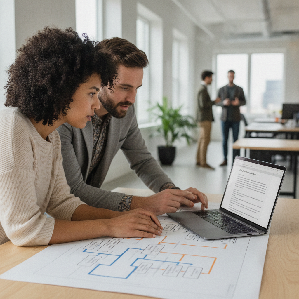 Gestores de produto SaaS analisam diagrama de fluxo de dados e rascunham DPA para adequação à LGPD