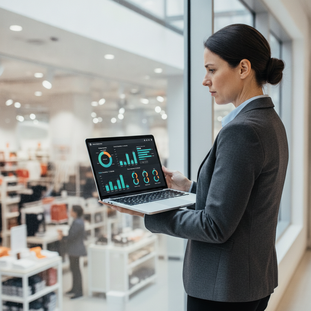 Gerente de varejo com laptop exibindo dashboard multicanal observa movimentação da loja — omnichannel retail experience em tempo real
