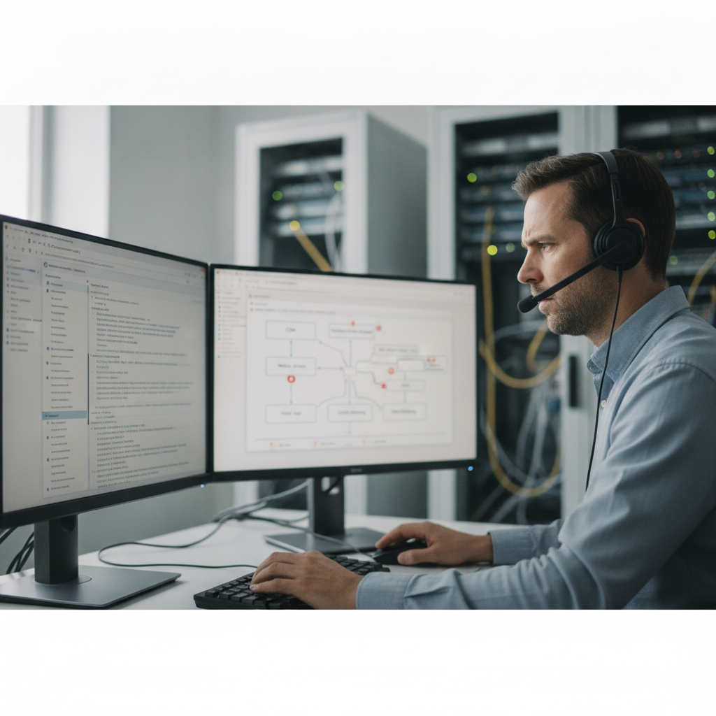 Engenheiro de dados analisa repositório de CDP open source e schema de perfil unificado em sala de operações técnicas