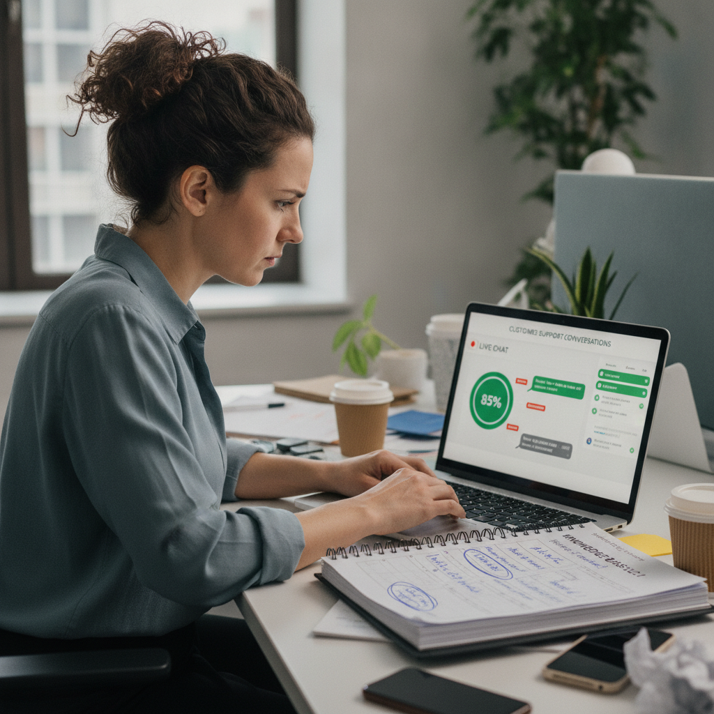 Gestora analisa dashboard de chatbot com IA no laptop, com métricas de atendimento e conversa no WhatsApp visíveis na tela