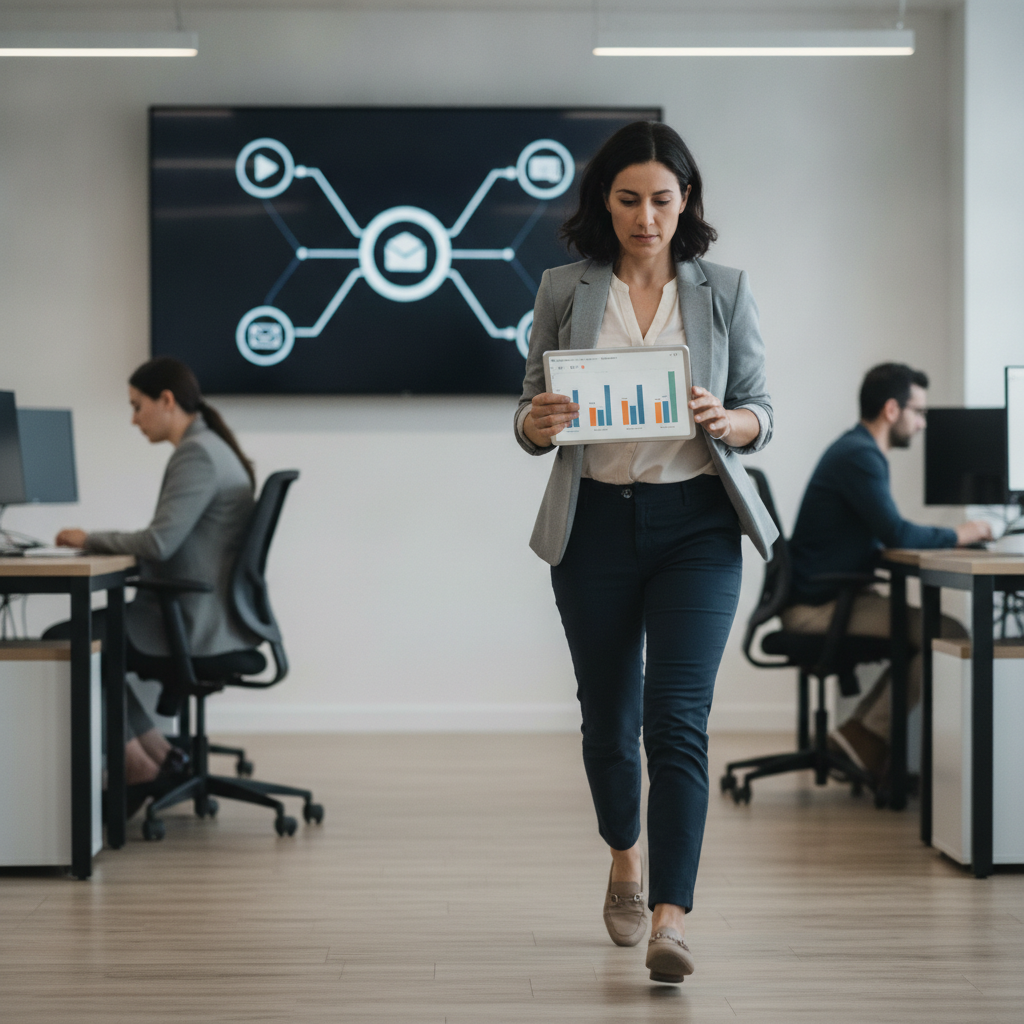 Analista de marketing consulta dashboard de campanhas em tablet enquanto tela exibe pipeline de data warehouse para marketing