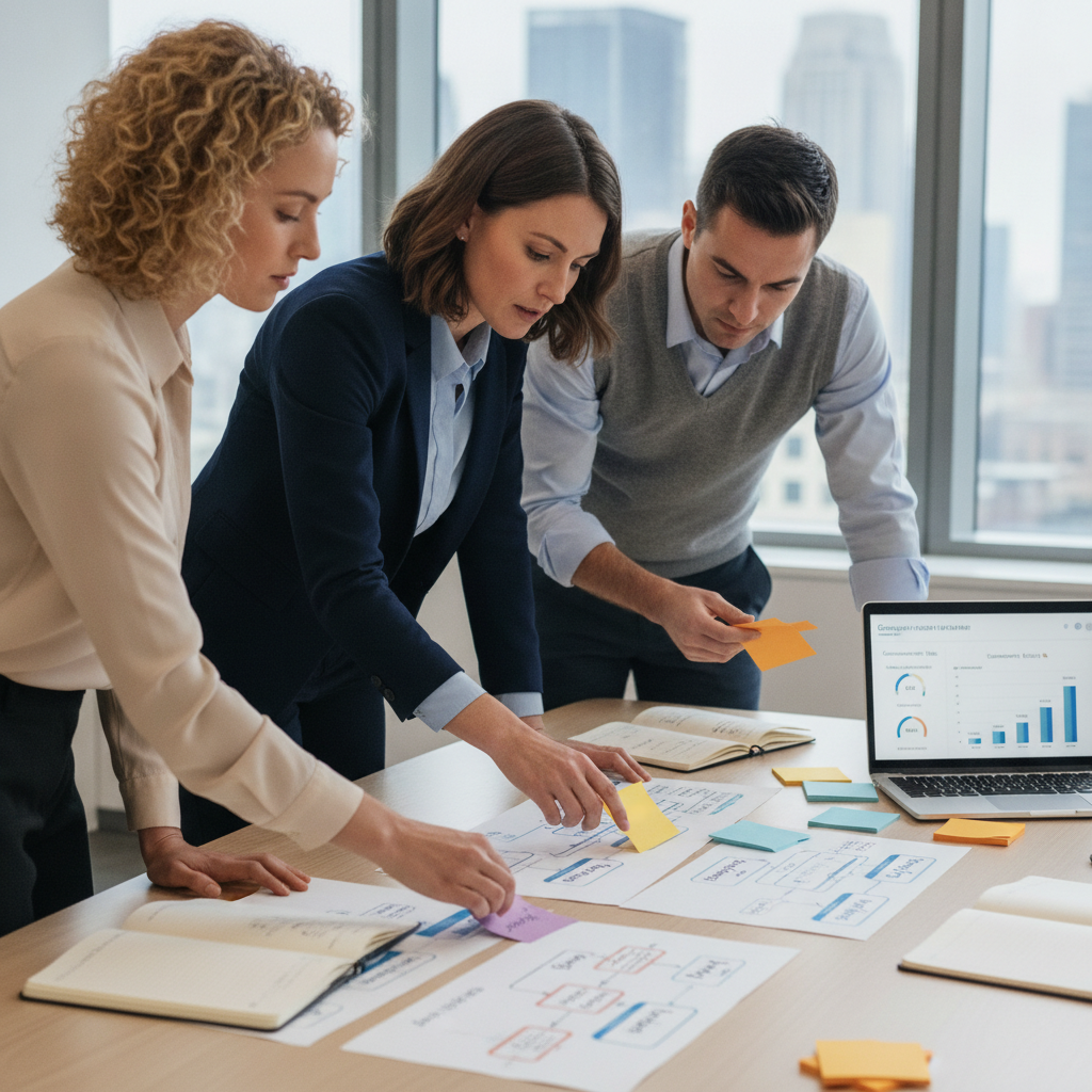 Equipe mapeando fluxos de chatbots de atendimento com IA em diagramas impressos e notas adesivas