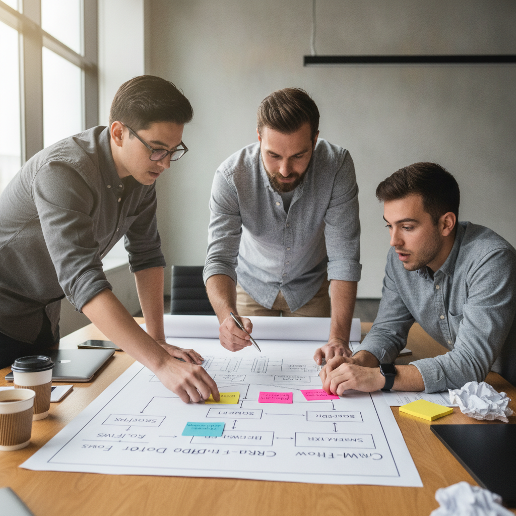 Equipe técnica mapeando fluxo de API de dados de clientes entre CRM e CDP com diagramas JSON
