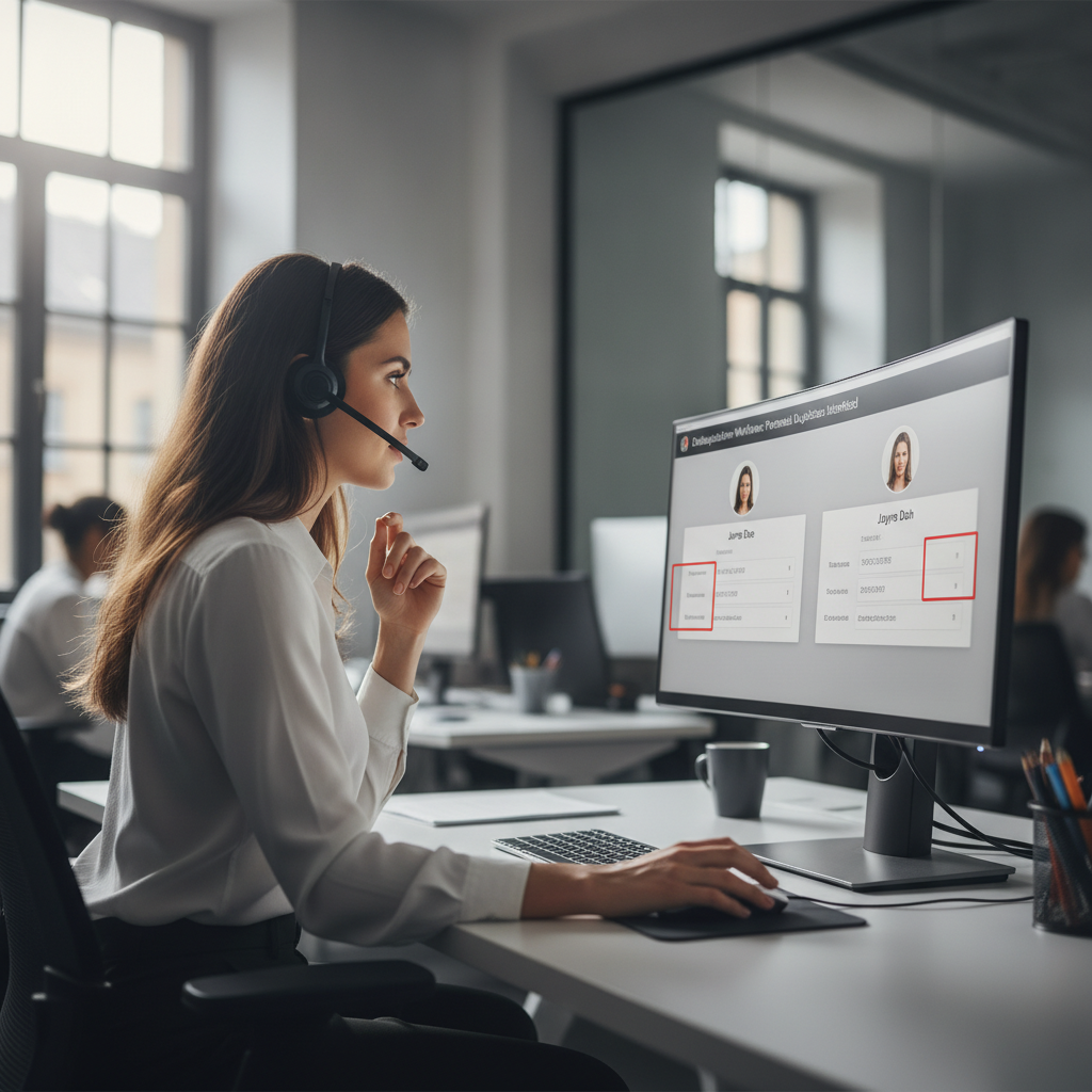 Agente de CX observa dois registros quase idênticos no monitor com campos divergentes sinalizados pela deduplicação de dados de clientes