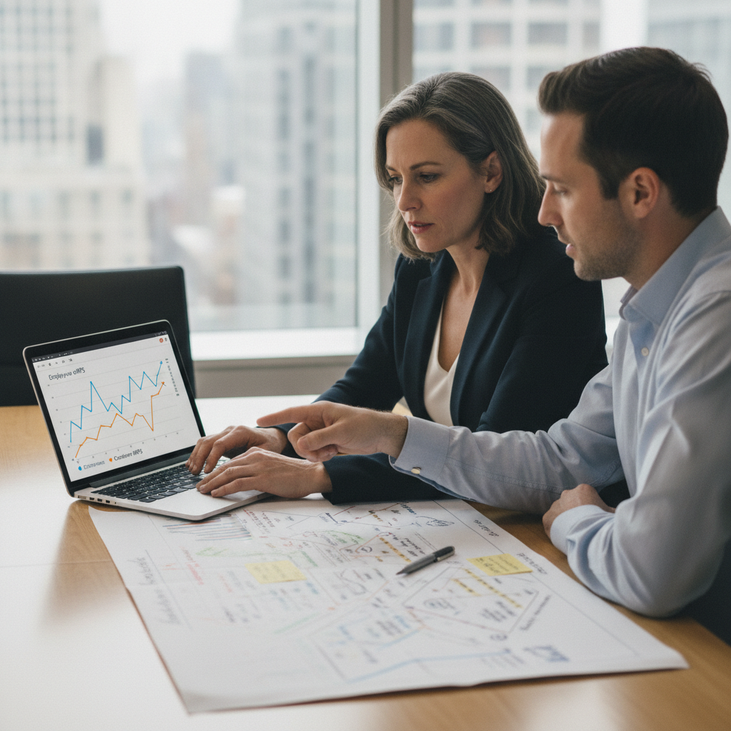 Gestora de CX e diretora de RH analisam juntas métricas de eNPS e NPS de clientes — employee experience e CX integrados