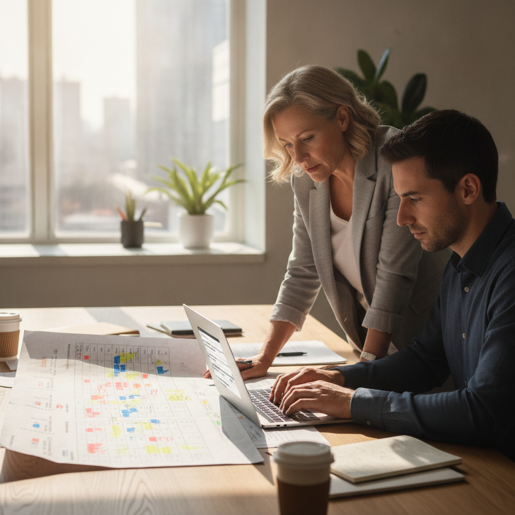 Analista e estrategista avaliando matriz de segmentação RFM e ferramenta de segmentação de clientes em CDP
