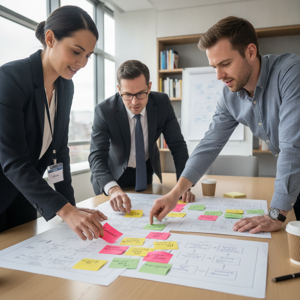 Equipe reorganiza diagramas e notas coloridas em mesa para elaborar relatório de impacto à proteção de dados