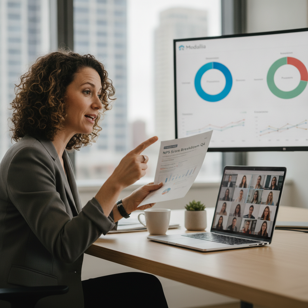 Analista de CX em videochamada com relatório de NPS impresso enquanto dashboard Medallia exibe gráficos de promotores e detratores