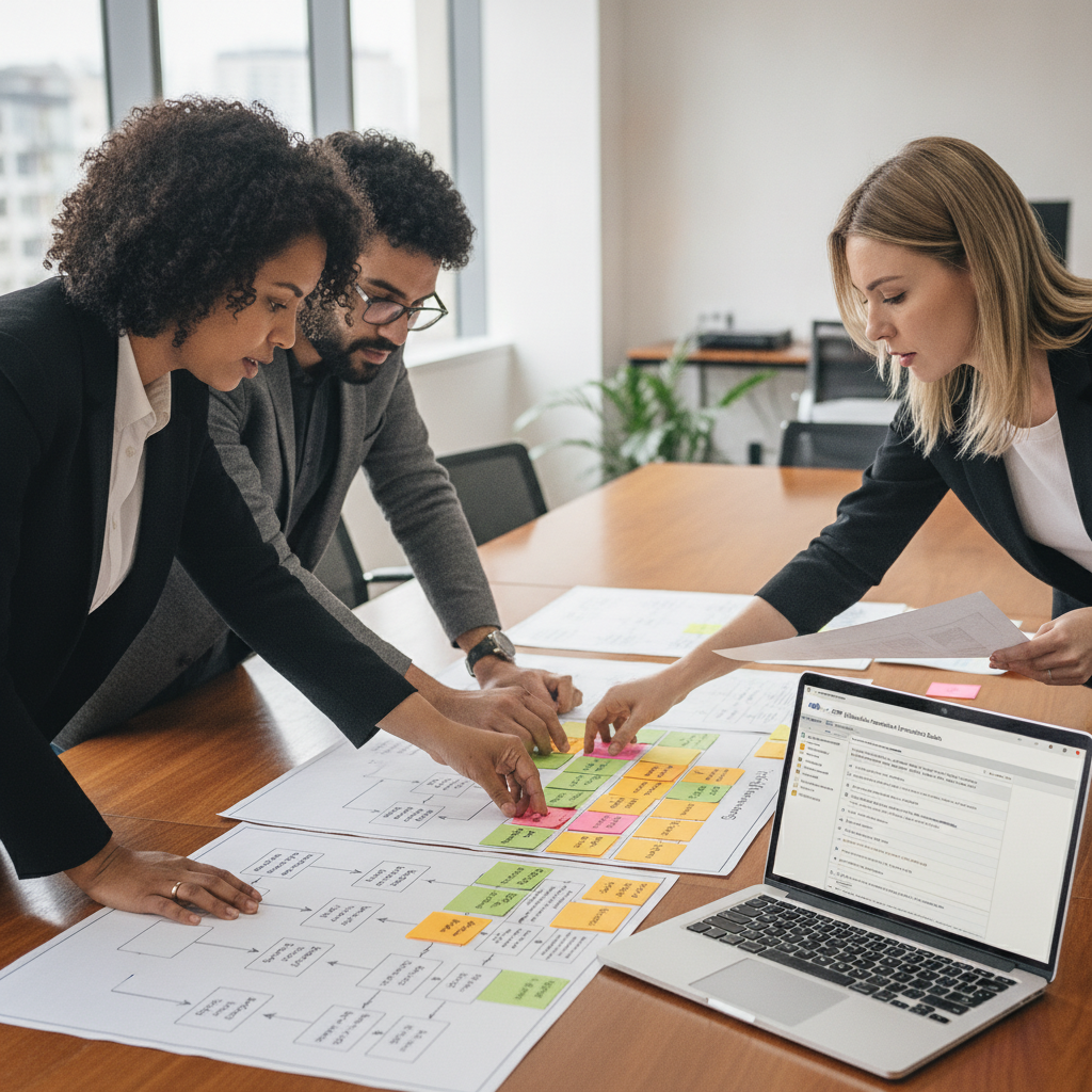 Equipe elaborando RIPD LGPD com diagramas de fluxo de dados e matriz de riscos sobre a mesa