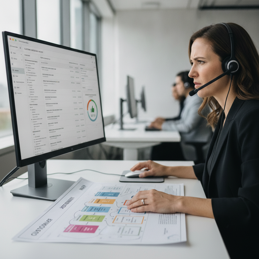 Agente de CX com headset consulta registro de cliente no CRM durante atendimento, unindo dados e experiência