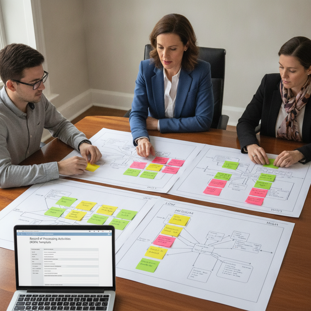 Equipe mapeando dados pessoais e riscos em mesa com diagramas para elaborar relatório de impacto à proteção de dados