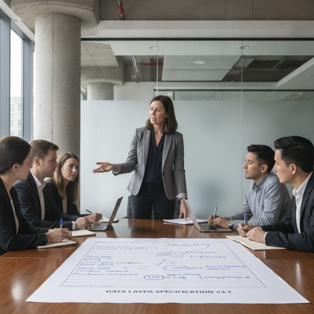 Engenheira de dados apresenta especificações de tag manager e coleta de dados para equipe em reunião