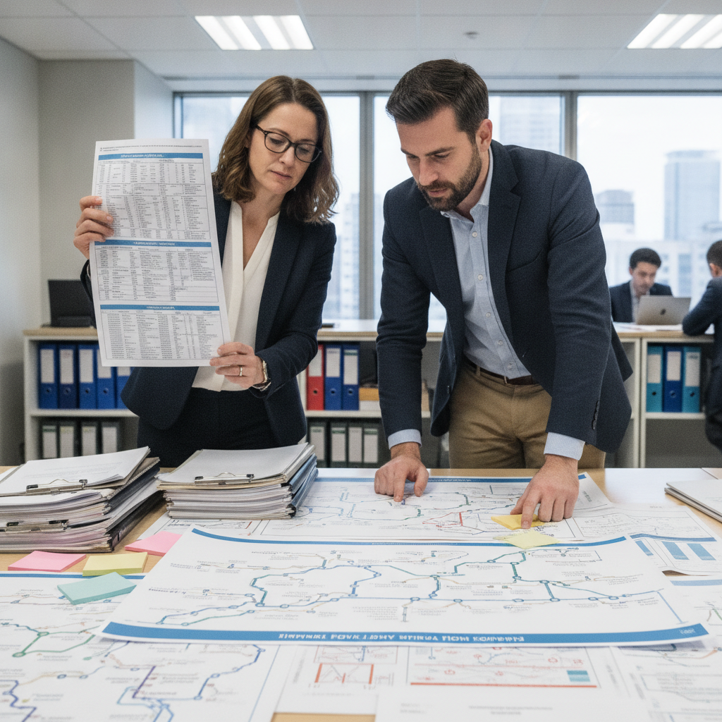 Gestores analisando diagramas de fluxo de dados e jornada omnichannel em mesa com relatórios de varejo
