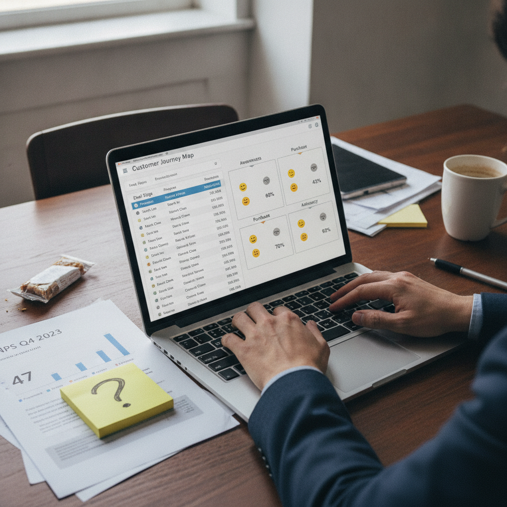 Profissional analisa painel com pipeline de CRM e mapa de jornada do cliente com scores de sentimento — CRM e CXM lado a lado