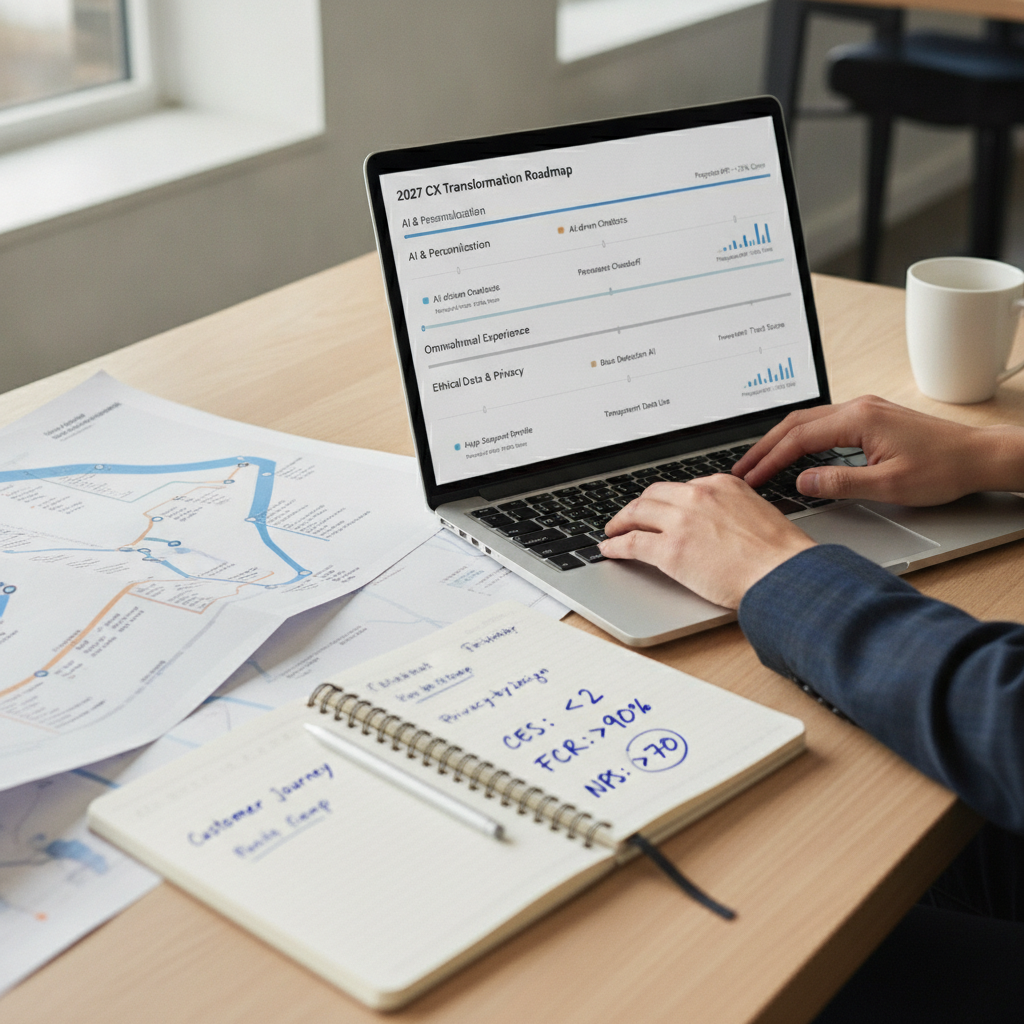 Estrategista analisa roadmap de tendências de CX para 2027 com métricas NPS, CES e FCR em laptop